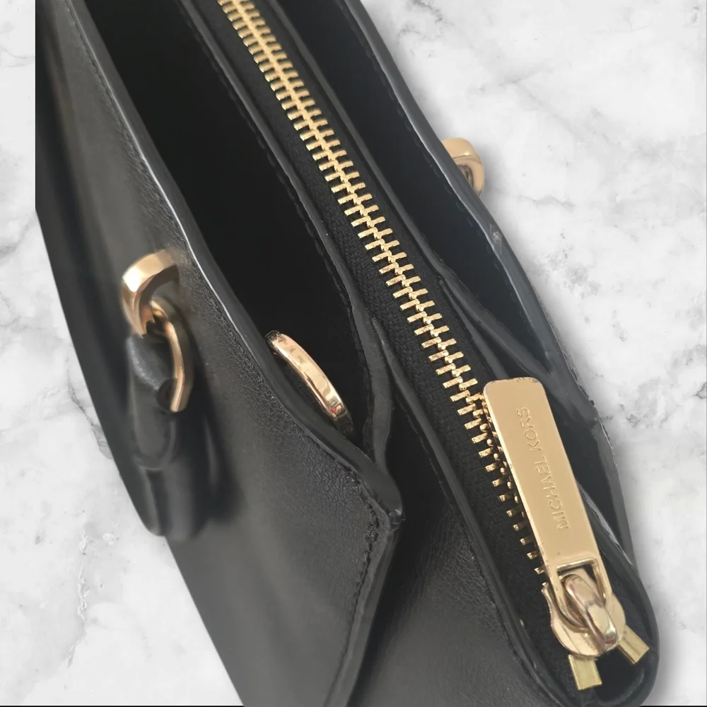 Michael Kors Ellis Black‎ Safianno Leather Satchel Gold Hardware ☆